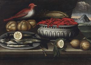 ARTISTA PIEMONTESE DEL XVII SECOLO : Coppia di dipinti raffiguranti natura morta con pesci, aragoste, limoni e uccello. natura morta con piatto di mele, cesto di azzeruoli e melagrane  - Asta Asta 432 | ARTE ANTICA E DEL XIX SECOLO Tradizionale - Associazione Nazionale - Case d'Asta italiane