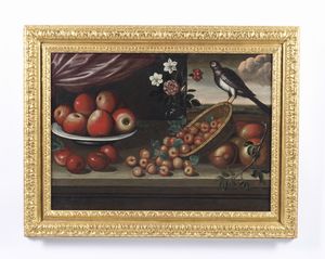 ARTISTA PIEMONTESE DEL XVII SECOLO : Coppia di dipinti raffiguranti natura morta con pesci, aragoste, limoni e uccello. natura morta con piatto di mele, cesto di azzeruoli e melagrane  - Asta Asta 432 | ARTE ANTICA E DEL XIX SECOLO Tradizionale - Associazione Nazionale - Case d'Asta italiane
