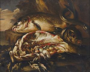BOSELLI FELICE (1650 - 1732) : Coppia di dipinti raffiguranti nature morte con pesci  - Asta Asta 432 | ARTE ANTICA E DEL XIX SECOLO Tradizionale - Associazione Nazionale - Case d'Asta italiane