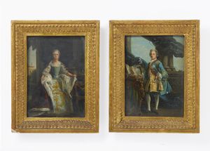 ARTISTA FRANCESE DEL XVIII SECOLO - Coppia di dipinti raffiguranti ritratto di Luigi XV e ritratto della regina Maria Leszczy?ska