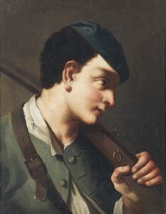 DOMENICO FEDELI DETTO IL MAGGIOTTO (1713 - 1794) - Attribuito a. Ritratto di giovane con fucile