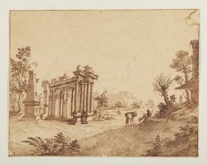 PALMIERI PIETRO GIACOMO (1737 - 1804) - Paesaggio con architetture e personaggio