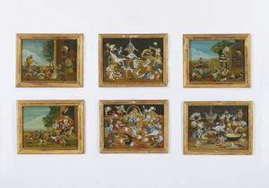 ARTISTA BERGAMASCO DEL XIX SECOLO - Gruppo di sei dipinti raffiguranti scene allegoriche con animali e pigmei