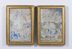 ARTISTA FRANCESE DEL XVII SECOLO - Coppia di dipinti raffiguranti gli angeli che porgono alla Vergine il Bambino e La circoncisione del Bambino