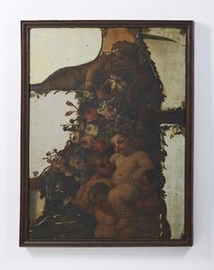 NUZZI, DETTO MARIO DEI FIORI MARIO (1603 - 1673) - Attribuito a. Specchio con inserto in legno dipinto raffigurante natura morta con putti
