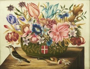 ARTISTA DEL XIX SECOLO - Natura morta con vaso di fiori e uccellini