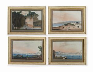 ARTISTA NAPOLETANO DEL XIX SECOLO - Gruppo di quattro dipinti raffiguranti Villa Reale, grotta di Posillipo, Napoli da Posillipo e Napoli dal Campo