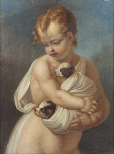 ARTISTA DEL XIX SECOLO - Ritratto di bimbo con due cuccioli