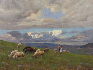 ZARDO ALBERTO (1876 - 1959) - Paesaggio montano con pastori e pecore