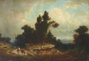 GAMBA FRANCESCO  (1818 - 1887) - Paesaggio con personaggi
