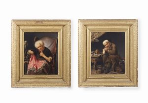 ROTTA ANTONIO (1828 - 1903) - Coppia di dipinti raffiguranti ritratto di anziano e ritratto di anziana ('quando che gera zovene' e 'se ciapo sto terno')