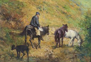 MARCHISIO ANDREA (1850 - 1927) - Paesaggio con stalliere e cavalli