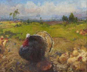 CAVALLERI VITTORIO (1860 - 1938) - Paesaggio con tacchino e galline
