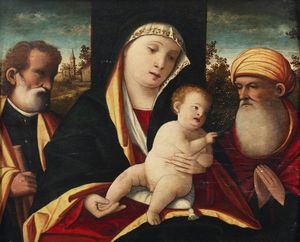 RIZZO DA SANTACROCE FRANCESCO (1508 - 1545) : Sacra Famiglia con San Simeone  - Asta Asta 432 | ARTE ANTICA E DEL XIX SECOLO Tradizionale - Associazione Nazionale - Case d'Asta italiane