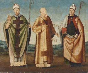 ARTISTA UMBRO DEL XVI SECOLO - San Lorenzo tra San Luigi e un vescovo