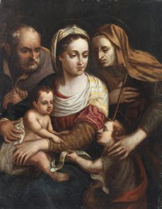 RAMENGHI, IL BAGNAVALLO GIOVANNI BATTISTA (1521 - 1601) - Attribuito a. Sacra Famiglia con Sant'Anna e San Giovannino