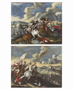 FALCONE ANIELLO (1607 - 1665) - Ambito di. Coppia di dipinti raffiguranti scene di battaglia tra cavalieri cristiani e turchi