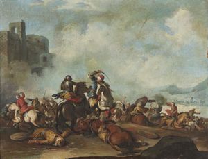 MARINI  ANTONIO MARIA (1668 - 1725) - Scena di battaglia tra cristiani e turchi presso un rudere