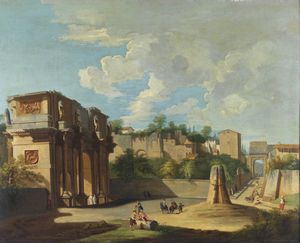 ARTISTA ROMANO DEL XVII-XVIII SECOLO - Veduta di Roma con l'Arco di Costantino, la Meta Sudans e l'Arco di Tito sullo sfondo