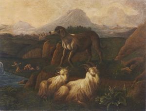 ARTISTA ROMANO DEL XVII SECOLO - Paesaggio con armenti e cane pastore