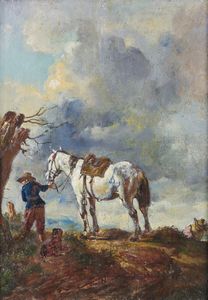 WOUVERMAN  PHILIPPE  (1619 - 1668) - Seguace di. Paesaggio con cavallo e contadino