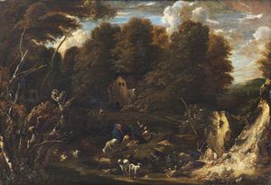 PERUZZINI ANTONIO FRANCESCO (1643 - 1724) - Paesaggio con personaggi e animali