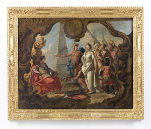 FORABOSCO GIROLAMO (1631 - 1689) : Scena allegorica (probabilmente Mercurio che accompagna Didone di fronte alla Giustizia)  - Asta Asta 432 | ARTE ANTICA E DEL XIX SECOLO Tradizionale - Associazione Nazionale - Case d'Asta italiane