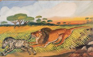 Antonio Ligabue - Leone con zebra
