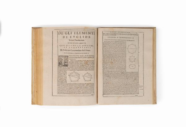 Euclide : De gli elementi d'Euclide Libri quindici. Con gli scholii antichi. Volgarizzati gi d'ordine del famosissimo Matematico Federico Commandino da Urbino, et hora con diligentia revisti, e ristampati.  - Asta Libri, Autografi e Stampe - Associazione Nazionale - Case d'Asta italiane