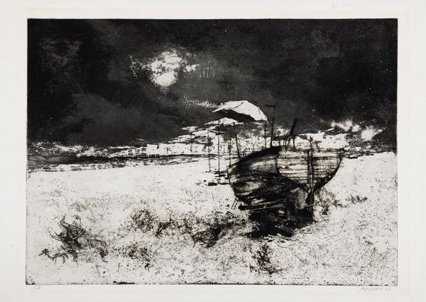 Renzo Vespignani : Barca in secca  - Asta Grafica Internazionale e Multipli d'Autore - Associazione Nazionale - Case d'Asta italiane