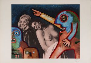 ENRICO BAJ - Ninon de Lenclos e Eleonora di Navarra sorprese dal duca di Enghien e figuranti