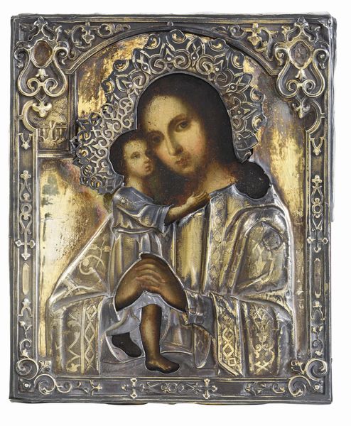 Madonna con bambino. Icona su tavola, Russia, XVIII-XIX secolo.  Riza. Mosca, 186(?). Marchi del saggiatore I. Avdeyv (1852-1862) e dell'argentiere T A documentato dal 1857 al 1863. Marchio Fabergè di epoca successiva  - Asta Argenti da Collezione | Antichi - Associazione Nazionale - Case d'Asta italiane