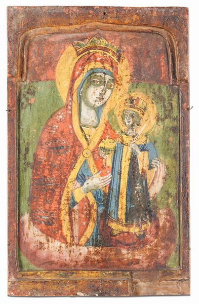 Insieme di quattro icone raffiguranti la Vergine Hodighitria, la Grande Panagia (Oranta) e due raffiguranti la Vergine di Kazan. Grecia, XIX secolo  - Asta Argenti da Collezione | Antichi - Associazione Nazionale - Case d'Asta italiane