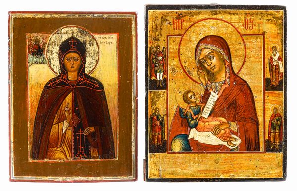 Lotto di due icone a tempera su tavola raffiguranti la Vergine con Bambino e Santa Grande Martire Barbara con il Grande Schema. Russia, XIX secolo  - Asta Argenti da Collezione | Antichi - Associazione Nazionale - Case d'Asta italiane
