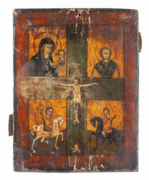 Icona quadripartita raffigurante la Vergine di Kazan, San Nicola di Mira, San Demetrio e  San Giorgio con Crocifissione al centro. Romania, XVIII-XIX secolo  - Asta Argenti da Collezione | Antichi - Associazione Nazionale - Case d'Asta italiane