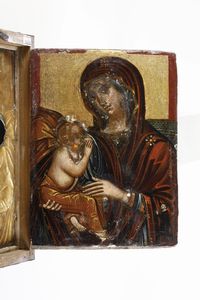 La Vergine Glykophiloùsa. Scuola veneto-cretese del XVII-XVIII secolo. Teca in legno e riza in argento fuso sbalzato cesellato e dorato di epoca posteriore (apparentemente priva di punzonatura)  - Asta Argenti da Collezione | Antichi - Associazione Nazionale - Case d'Asta italiane