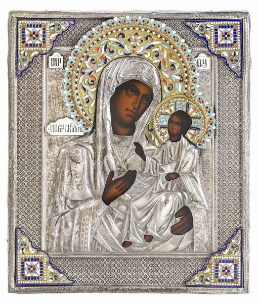 Vergine Pantanassa con riza in argento. Riza Mosca, 187(?) Marchio del saggiatore Viktor Savinkov (1855-1888) e marchio dell'argentiere di difficile lettura  - Asta Argenti da Collezione | XX secolo - Associazione Nazionale - Case d'Asta italiane