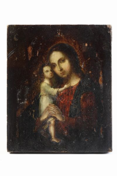Madonna con bambino. Icona su tavola, Russia, XVIII-XIX secolo.  Riza. Mosca, 186(?). Marchi del saggiatore I. Avdeyv (1852-1862) e dell'argentiere T A documentato dal 1857 al 1863. Marchio Fabergè di epoca successiva  - Asta Argenti da Collezione | XX secolo - Associazione Nazionale - Case d'Asta italiane
