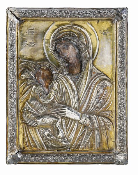 La Vergine Glykophiloùsa. Scuola veneto-cretese del XVII-XVIII secolo. Teca in legno e riza in argento fuso sbalzato cesellato e dorato di epoca posteriore (apparentemente priva di punzonatura)  - Asta Argenti da Collezione | XX secolo - Associazione Nazionale - Case d'Asta italiane