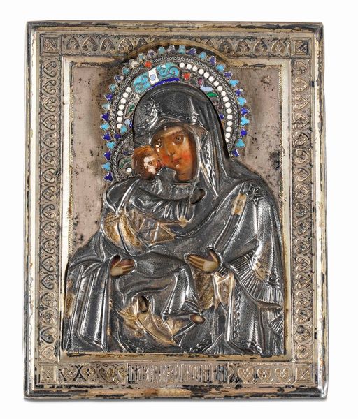 Vergine di Vladimir (Eleusa). Scuola russa del XIX secolo. Icona su tavola con riza in argento fuso sbalzato cesellato dorato e smalti cloisonnè, Russia inizi XX secolo  - Asta Argenti da Collezione | XX secolo - Associazione Nazionale - Case d'Asta italiane