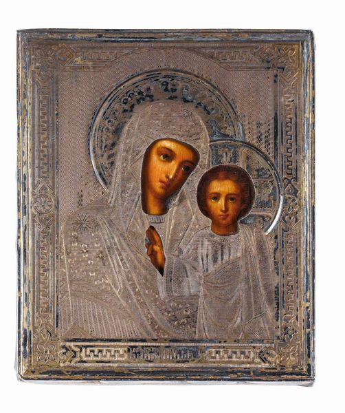 Vergine di Kazan. Scuola russa del XIX secolo. Icona su tavola e riza in argento dorato, Russia inizi XX secolo  - Asta Argenti da Collezione | XX secolo - Associazione Nazionale - Case d'Asta italiane