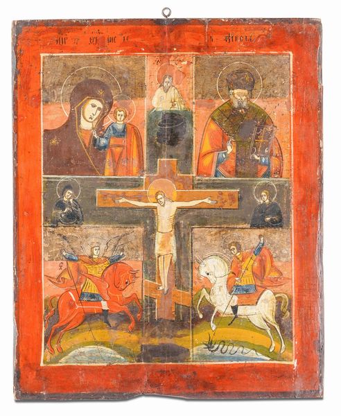 Icona quadripartita raffigurante la Vergine di Kazan, San Nicola di Mira, San Michele e San Giorgio con Crocifissione al centro. Romania, XIX secolo.  - Asta Argenti da Collezione | XX secolo - Associazione Nazionale - Case d'Asta italiane