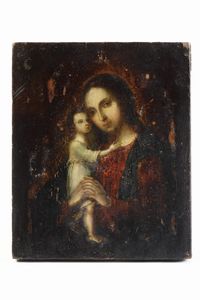Madonna con bambino. Icona su tavola, Russia, XVIII-XIX secolo.  Riza. Mosca, 186(?). Marchi del saggiatore I. Avdeyv (1852-1862) e dell'argentiere T A documentato dal 1857 al 1863. Marchio Fabergè di epoca successiva  - Asta Argenti da Collezione | XX secolo - Associazione Nazionale - Case d'Asta italiane