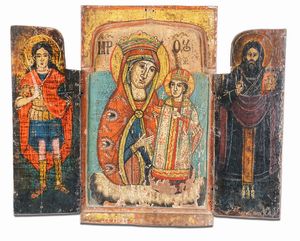 Insieme di quattro icone raffiguranti la Vergine Hodighitria, la Grande Panagia (Oranta) e due raffiguranti la Vergine di Kazan. Grecia, XIX secolo  - Asta Argenti da Collezione | XX secolo - Associazione Nazionale - Case d'Asta italiane