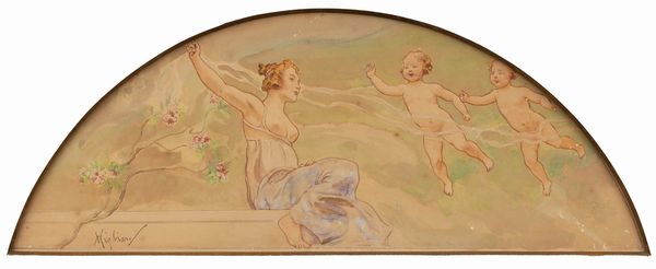 Vincenzo Migliaro : Studio per lunetta con giovane donna e putti  - Asta Arte Figurativa tra XIX e XX Secolo - Associazione Nazionale - Case d'Asta italiane