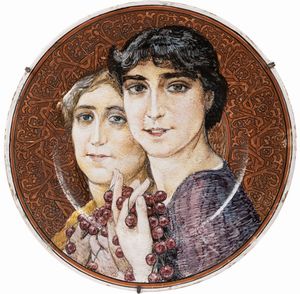 Basilio Cascella - Piatto con donne con ciliegie