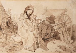 Scuola europea prima metà del XIX secolo - La sosta del carrettiere e della sua compagna