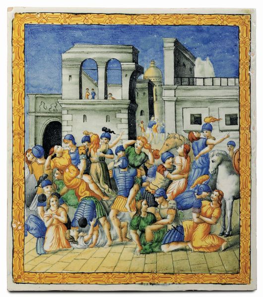 Coppia di targhe<BR>Probabilmente Pesaro, Manifattura Molaroni,  inizio XX secolo<BR>  - Asta Maioliche, Porcellane e Figure Venete di un Collezionista Veneziano - Associazione Nazionale - Case d'Asta italiane