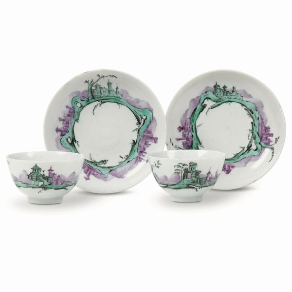 Coppia di rare tazze con piattino<BR>Nove, Manifattura Antonibon, 1765 circa  - Asta Maioliche, Porcellane e Figure Venete di un Collezionista Veneziano - Associazione Nazionale - Case d'Asta italiane