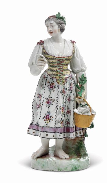 Figurina di venditrice di fazzoletti<BR>Nove, Manifattura Antonibon, gestione Parolin, 1781-1802<BR>Modello di Domenico Bosello<BR>  - Asta Maioliche, Porcellane e Figure Venete di un Collezionista Veneziano - Associazione Nazionale - Case d'Asta italiane